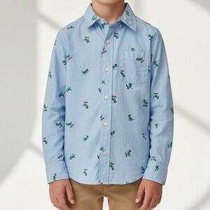OshKosh Button Down Shirt Kids Size 8 Blue Dinosaur Skateboard Long Sleeve